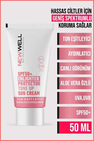 New Well Ton Eşitleyici Yüksek Koruma Etkili SPF50+ Aydınlatıcı Pembe Yüz Güneş Kremi 50 ml