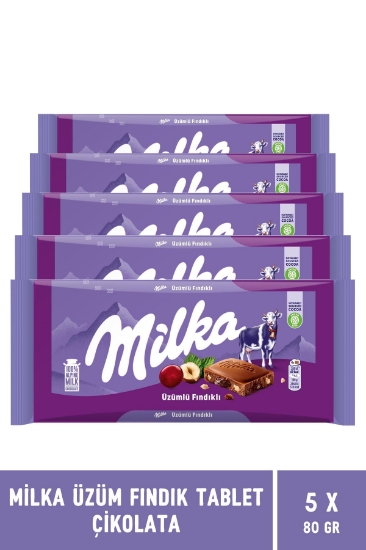 Milka Üzüm Fındık Tablet Çikolata 80 gr - 5 Adet