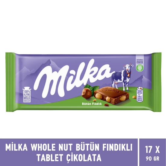 Milka Whole Nut Bütün Fındıklı Tablet Çikolata 90 gr X 17 Adet