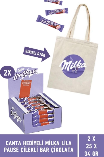 Milka Lila Pause Çilekli Bar Çikolata 34 gr Çanta Hediyeli   - 50 Adet