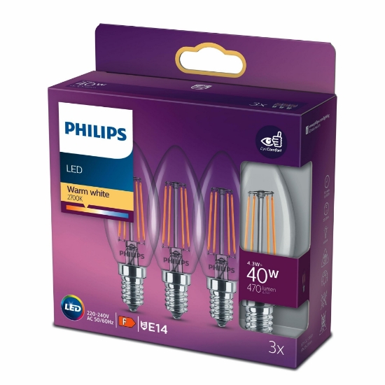 Philips Filament 40W E14 İnce Duylu Mum Ampul Sarı Işık 3'lü