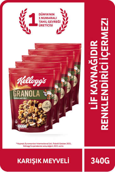 Kellogg's Granola Karışık Meyveli 340 Gr x 5 Adet, %45 Yulaf içer