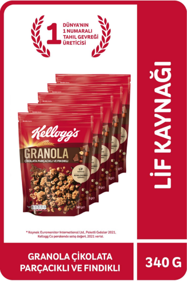 Kellogg's Granola Çikolata Parçacıklı ve Fındıklı 340 Gr x 5 Adet