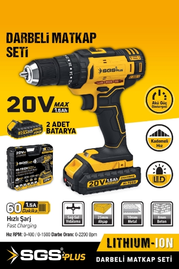 SGS5248 Akülü Darbeli Şarjlı Matkap Seti Çift Akülü 20 Volt -1.5 