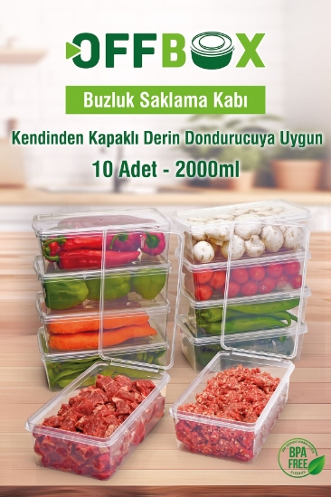 OFFBOX Kendinden Kapaklı Derin Dondurucuya Uygun Saklama Kabı 2 Lt 10 Adet