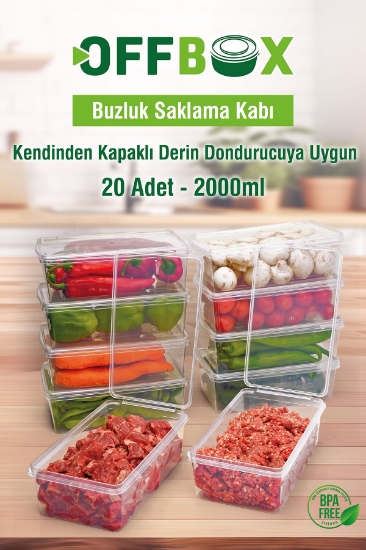 OFFBOX Kendinden Kapaklı Derin Dondurucuya Difrize Uygun Saklama Kabı 2 Lt 20 Adet