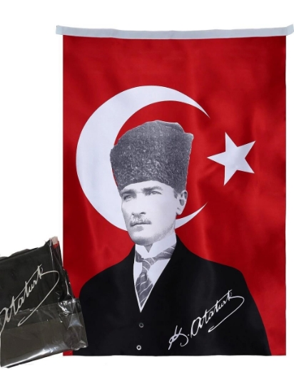 Türk Bayrağı Saten Atatürk Kalpaklı 70X105 cm