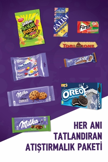 Mondelez Kalpleri (Jelibon,Milka, First, Olips, Oreo) Karma Yumuşatan Atıştırmalık 9'lu Paketi