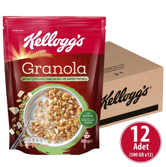 Kellogg's Beyaz Çikolata Parçacıklı&Antep Fıstıklı Granola 300 Gr x 12 Adet