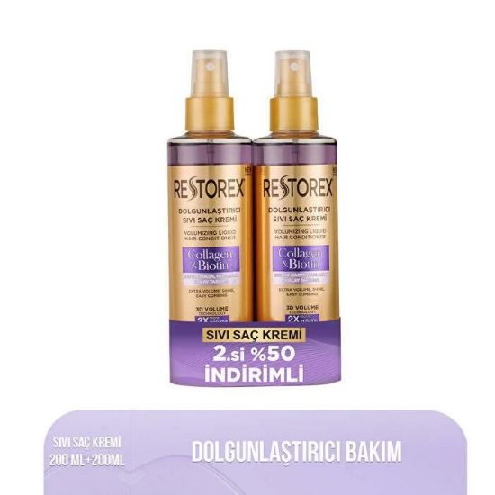 Restorex Sıvı Saç Kremi 200 Ml + 200 Ml Biotin ve Collagen Extra Hacim ve Parlaklık Kolay Tarama