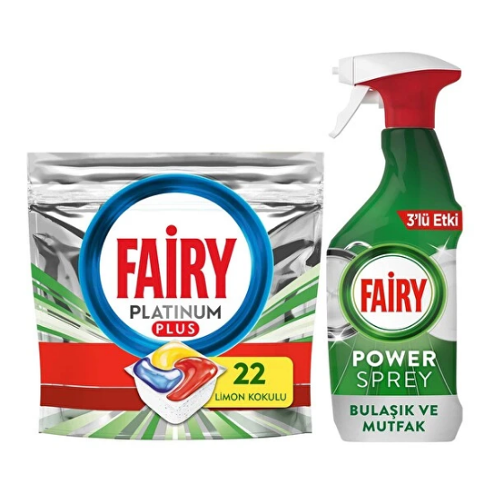 Fairy Platinum Plus 22 Yıkama Bulaşık Makinesi Kapsülü + Fairy Power Sprey 3ü 1 Arada Bulaşık ve Mutfak 500 ml