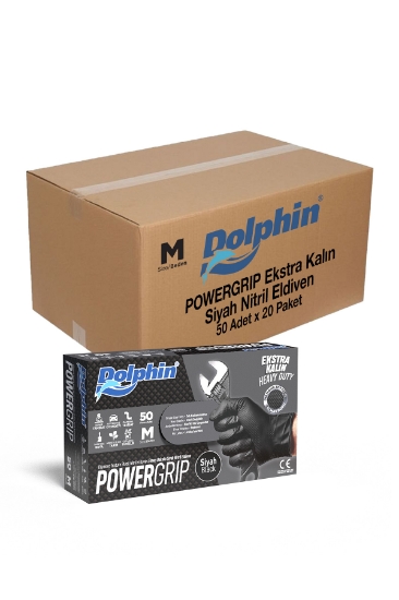 Dolphin PowerGrip Ekstra Kalın Siyah Nitril Eldiven M Beden 50 Adet