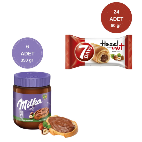 7 Days Kakaolu Fındık Kremalı Kruvasan 60gr 24 Adet + Milka Sürülebilir Çikolata Kakaolu Fındık Ezmesi 6 Adet