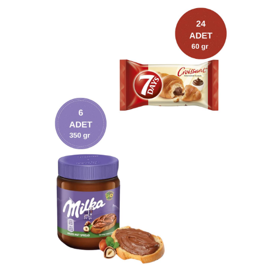 7 Days Kakao Kremalı Kruvasan 60gr 24 Adet + Milka Sürülebilir Çikolata Kakaolu Fındık Ezmesi 6 Adet