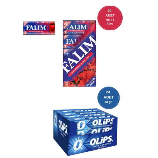 Falım (7gr x 5) x 20 - Olips (28gr x 24) Avantajlı Çilekli Sakız ve  Mentollü Şekerleme Paketi