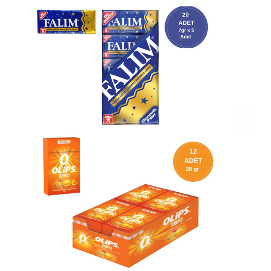 Falım (7gr x 5) x 20 - Olips (28gr x 12) Avantajlı Damla Sakız ve Olips Zero C Vitaminli Şekerleme Paketi