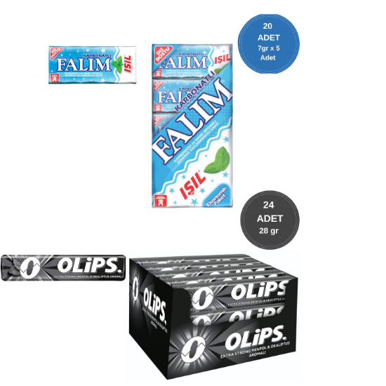 Falım (7gr x 5) x 20 - Olips (28gr x 24) Avantajlı Işıl Nane Sakız ve Olips Keskin Mentol Aromalı Şekerleme Paketi