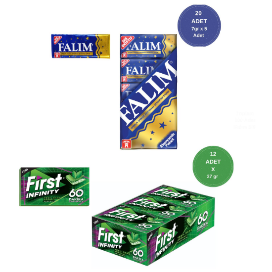 Falım (7gr x 5) x 20 - First (27gr x 12) Avantajlı Falım Damla Sakız ve First 60 Dakika Yeşil Nane Sakız