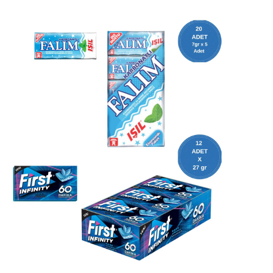 Falım (7gr x 5) x 20 - First (27gr x 12) Avantajlı Falım Işıl Sakız ve First 60 Dakika Keskin Nane Sakız