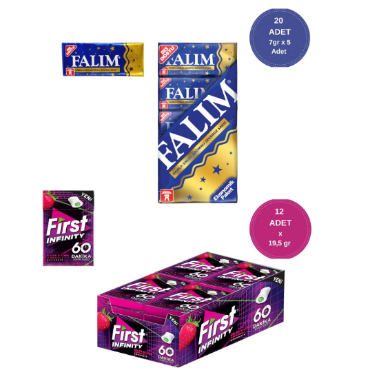 Falım (7gr x 5) x 20 - First (19,5gr x 12) Avantajlı Falım Damla Sakız ve First 60 Dk Infinity Çilek Lime Aromalı Sakız